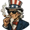 Uncle Sam wearing a blue suit, and American Flag hat, smoking a joint