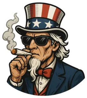 Uncle Sam wearing a blue suit, and American Flag hat, smoking a joint