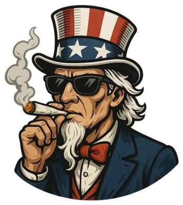Uncle Sam wearing a blue suit, and American Flag hat, smoking a joint